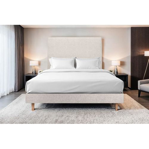 Lit 160x200cm Avec Tête De Lit Tapissier Tissu Et Sommier Tapissier Beige Clair