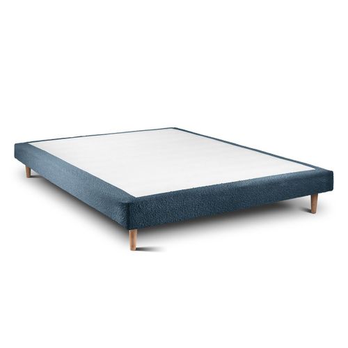 Lit 140x190cm Avec Tête De Lit Capitonnée Bouclette Et Sommier Tapissier Bleu