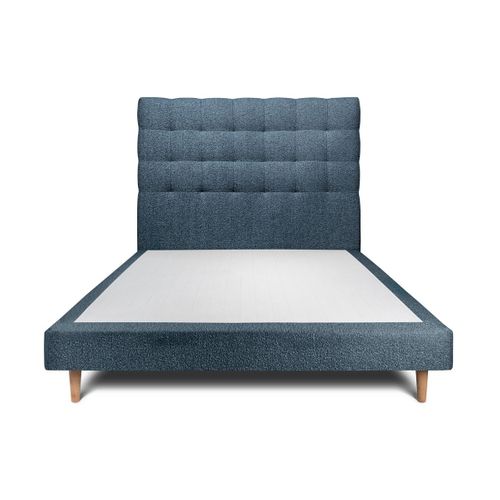 Lit 140x190cm Avec Tête De Lit Capitonnée Bouclette Et Sommier Tapissier Bleu