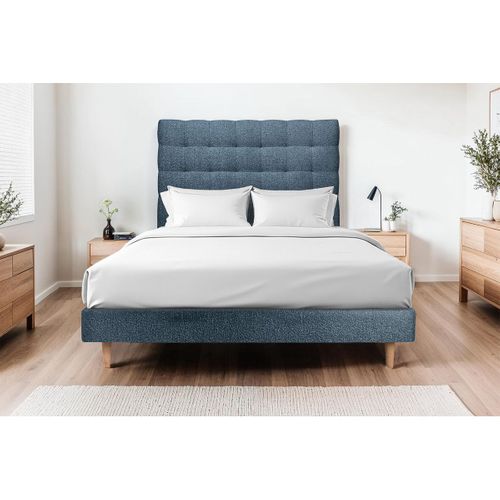 Lit 140x190cm Avec Tête De Lit Capitonnée Bouclette Et Sommier Tapissier Bleu