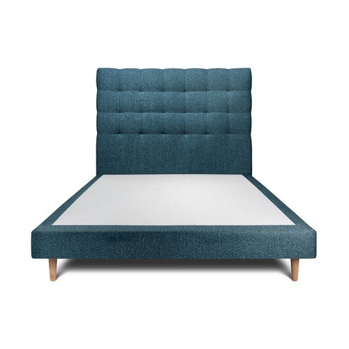 Lit 140x190cm Avec Tête De Lit Capitonnée Bouclette Et Sommier Tapissier Bleu