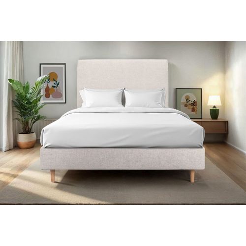 Lit 160x200cm Avec Tête De Lit Tapissier Tissu Et Sommier Tapissier Beige Clair