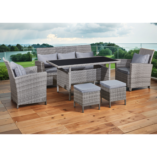 Modena - Salon De Jardin 7 Places En Résine Tressée Gris Clair Et Gris