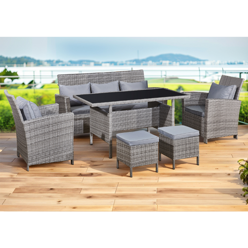 Modena - Salon De Jardin 7 Places En Résine Tressée Gris Clair Et Gris