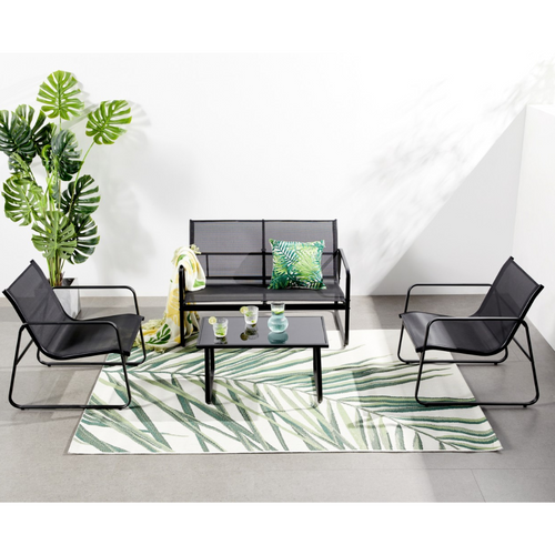 Sintra - Salon De Jardin Avec Canapé, Fauteuils Et Table Basse Rectangulaire Noir En Acier