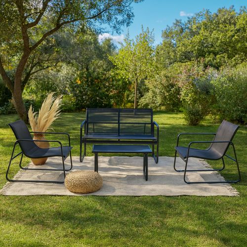 Sintra - Salon De Jardin Avec Canapé, Fauteuils Et Table Basse Rectangulaire Noir En Acier