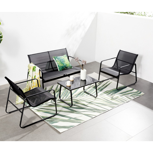 Sintra - Salon De Jardin Avec Canapé, Fauteuils Et Table Basse Rectangulaire Noir En Acier