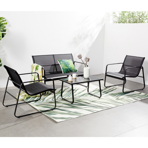 Sintra - Salon De Jardin Avec Canapé, Fauteuils Et Table Basse Rectangulaire Noir En Acier