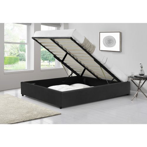 Lit Kennington - Structure De Lit Velours Noir Avec Coffre De Rangement Intégré -160x200 Cm