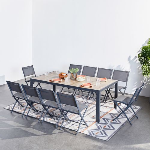 Lagos - Ensemble Table Aluminium Effet Bois Et 10 Chaises
