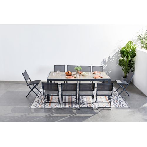 Lagos - Ensemble Table Aluminium Effet Bois Et 10 Chaises