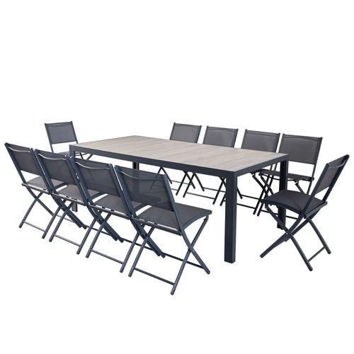 Lagos - Ensemble Table Aluminium Effet Bois Et 10 Chaises
