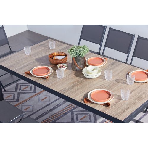 Lagos - Ensemble Table Aluminium Effet Bois Et 10 Chaises