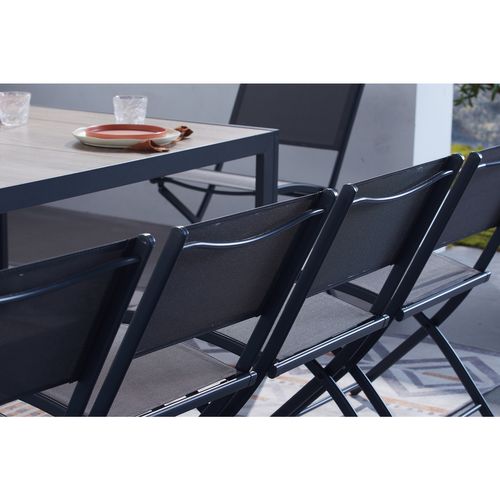Lagos - Ensemble Table Aluminium Effet Bois Et 10 Chaises