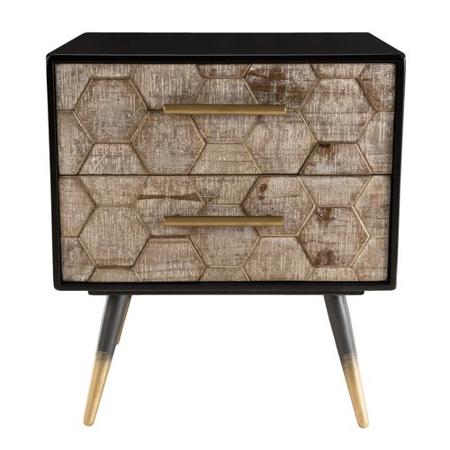 Chevet 2 Tiroirs En Sapin Marqueté Avec Pieds En Métal Orsa