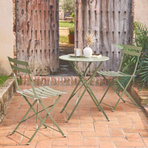 Table De Jardin Bistrot Pliante Métal + 2 Assises Vert De Gris Ø60 X 70cm. Acier Thermolaqué
