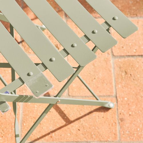 Table De Jardin Bistrot Pliante Métal + 2 Assises Vert De Gris Ø60 X 70cm. Acier Thermolaqué