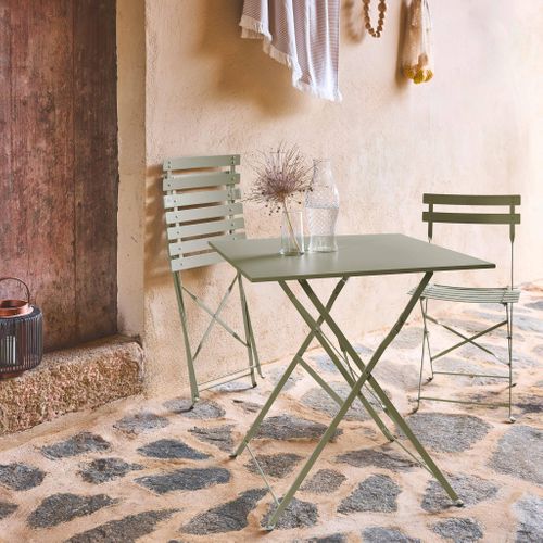 Table De Jardin Bistrot Pliante Métal + 2 Assises Vert De Gris 70 X 70cm. Acier Thermolaqué