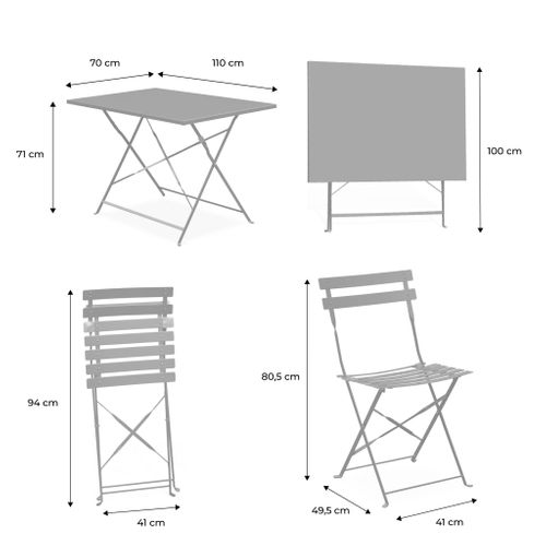Table De Jardin Bistrot Pliante Métal + 4 Assises 110 X 70cm. Avec Quatre Chaises Pliantes. Acier