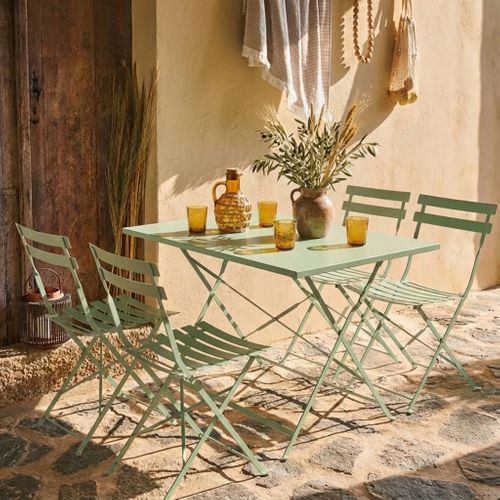 Table De Jardin Bistrot Pliante Métal + 4 Assises 110 X 70cm. Avec Quatre Chaises Pliantes. Acier