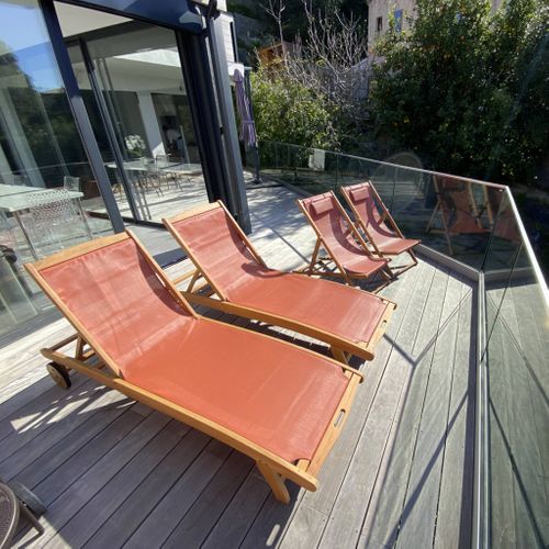 Bains De Soleil En Bois - Marbella Terra Cotta - 2 Transats En Bois D'eucalyptus Huilé Et Textilène