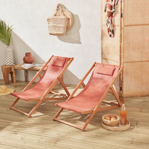 Chiliennes Bois - Creus - 2 Transats En Bois D'eucalyptus Huilé Avec Coussin Repose-tête Terra