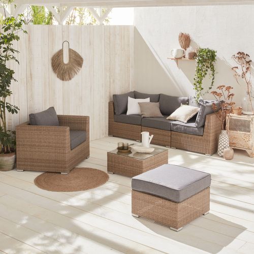 Salon De Jardin Premium En Résine Tressée Arrondie – Vinci – Résine Naturelle Style Osier. Coussins