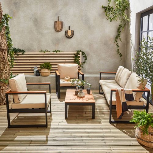 Salon De Jardin 5 Places En Aluminium Et Eucalyptus – Nazca – Structure Noire. Coussins Beige