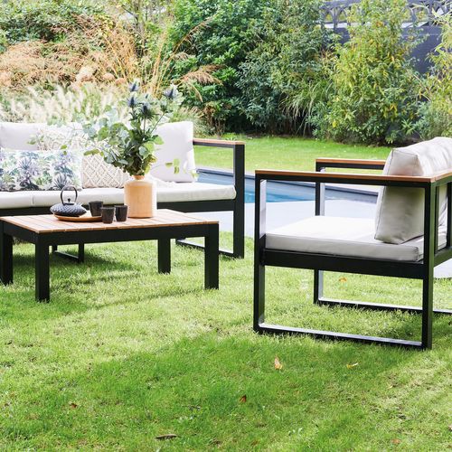 Salon De Jardin 5 Places En Aluminium Et Eucalyptus – Nazca – Structure Noire. Coussins Beige