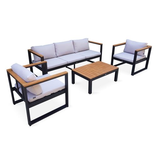Salon De Jardin 5 Places En Aluminium Et Eucalyptus – Nazca – Structure Noire. Coussins Beige