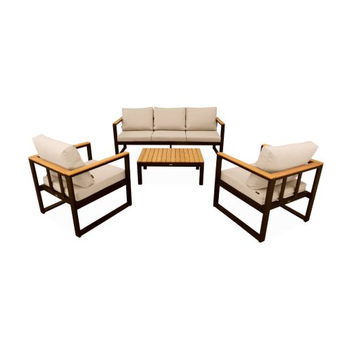 Salon De Jardin 5 Places En Aluminium Et Eucalyptus – Nazca – Structure Noire. Coussins Beige