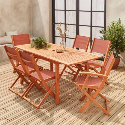 Table De Jardin Extensible Bois D'eucalyptus + 6 Assises - Almeria - Table 120/180cm Avec Rallonge.