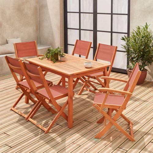 Table De Jardin Extensible Bois D'eucalyptus + 6 Assises - Almeria - Table 120/180cm Avec Rallonge.