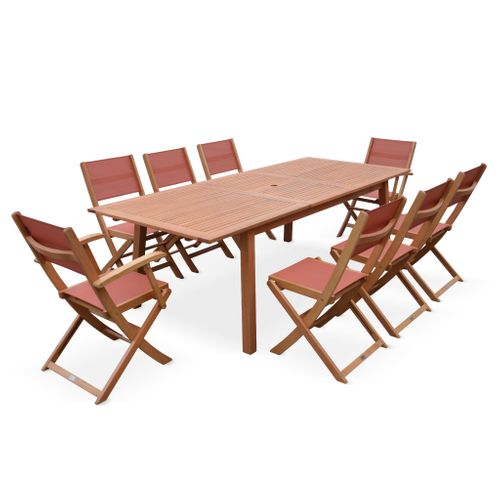 Table De Jardin Extensible Bois D'eucalyptus + 8 Assises En Bois D'eucalyptus Huilé Et Textilène