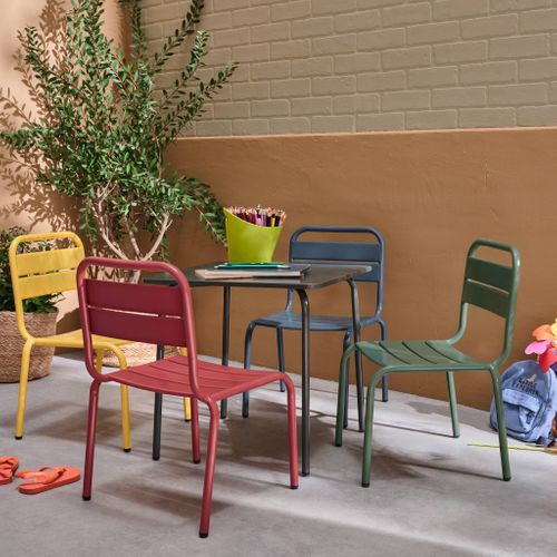 Salon De Jardin Enfant. Table Et Chaises Métal + 4 Assises Anna - Multicolore. 48x48cm