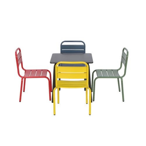 Salon De Jardin Enfant. Table Et Chaises Métal + 4 Assises Anna - Multicolore. 48x48cm