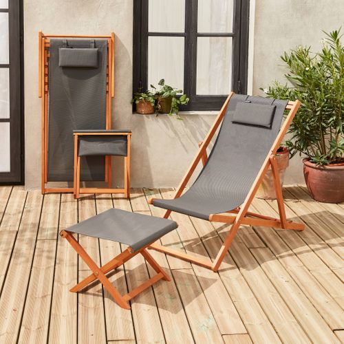 Chiliennes Bois - Creus - 2 Transats En Bois D'eucalyptus Huilé Avec Coussin Repose-tête Gris Et