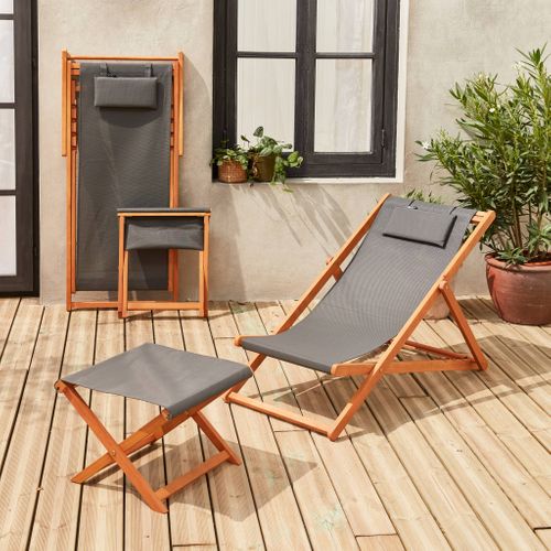 Chiliennes Bois - Creus - 2 Transats En Bois D'eucalyptus Huilé Avec Coussin Repose-tête Gris Et