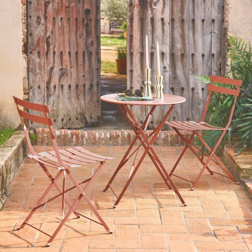 Table De Jardin Bistrot Pliante Métal + 2 Assises Terracotta Ø60 X 70cm. Acier Thermolaqué