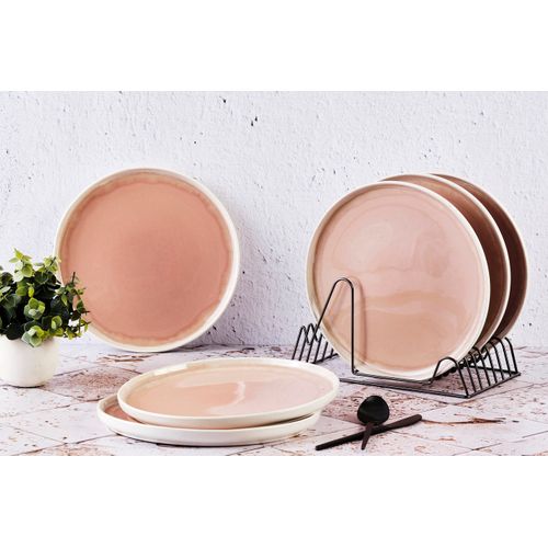 Lot De 6 Assiettes Plates En Grès Rose D27