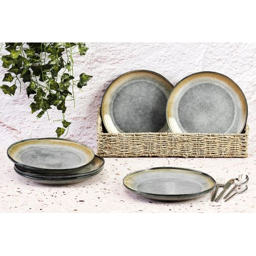 Lot De 6 Assiettes Plates En Grès Gris D27