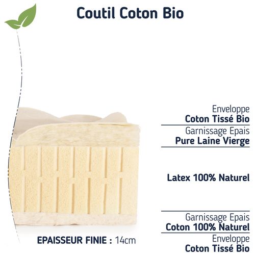 Matelas Latex 90x190 cm Latex 100% Naturel Epaisseur 14 cm
