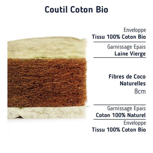 Matelas Enfant Fibre de Coco 90x190 cm Bio Coton Epaisseur 10 Cm
