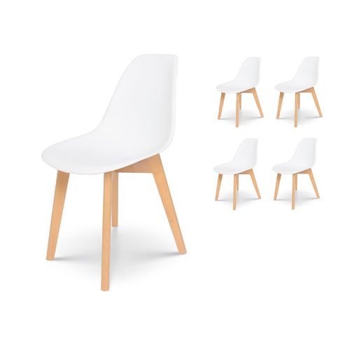 Lot De 4 Chaises Style Scandinave Modèle Gabby - Coque En Résine Blanche Et Pieds En Bois Naturel