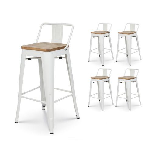 Lot De 4 Tabourets En Métal Blanc Mat Style Industriel Avec Dossier Et Assise En Bois Clair - Hauteu