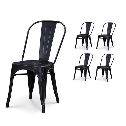 Lot De 4 Chaises En Métal Noir Mat Style Industriel - Effet Vieillit