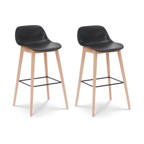 Lot De 2 Tabourets De Bar Noirs Style Scandinave Avec Pieds En Bois Naturel - Hauteur 76 Cm
