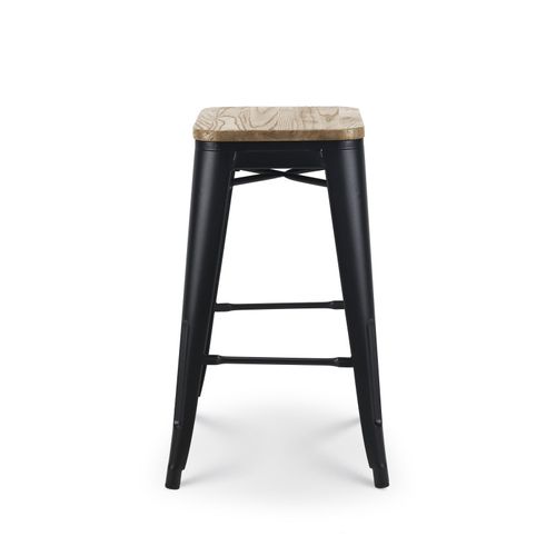 Tabouret De Bar En Métal Noir Mat Style Industriel Et Assise En Bois Clair - Hauteur 66 Cm