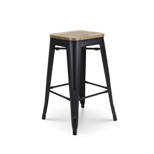 Tabouret De Bar En Métal Noir Mat Style Industriel Et Assise En Bois Clair - Hauteur 66 Cm