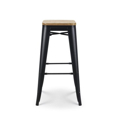 Tabouret De Bar En Métal Noir Mat Style Industriel Et Assise En Bois Clair - Hauteur 76 Cm